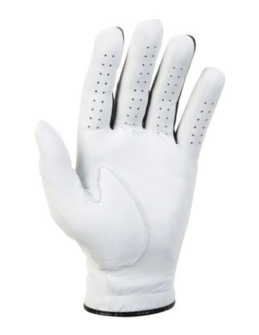 White leather golf glove with ventilation holes on fingers and black trim edge