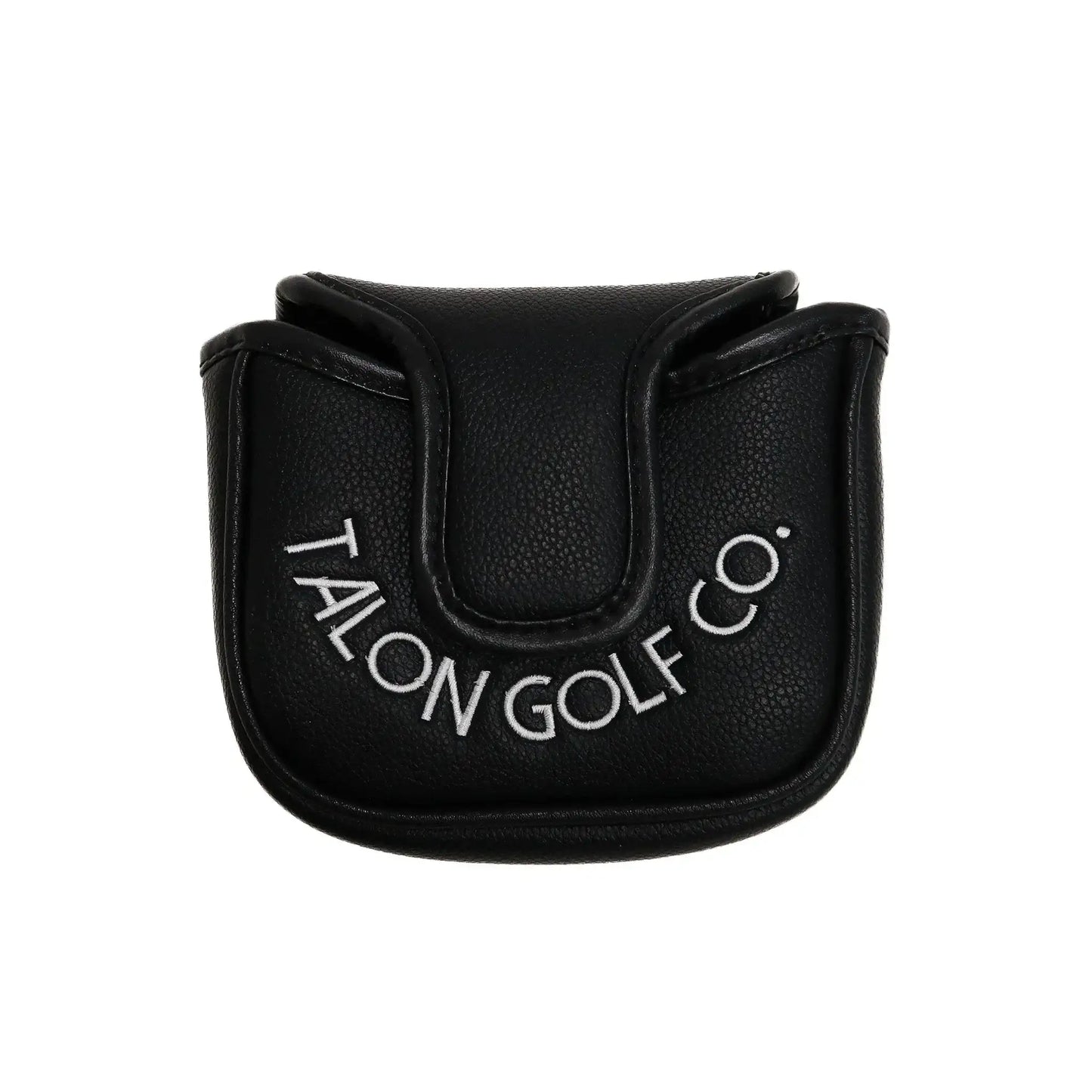 Black leather putter cover with white embroidery reading TALON GOLF CO.