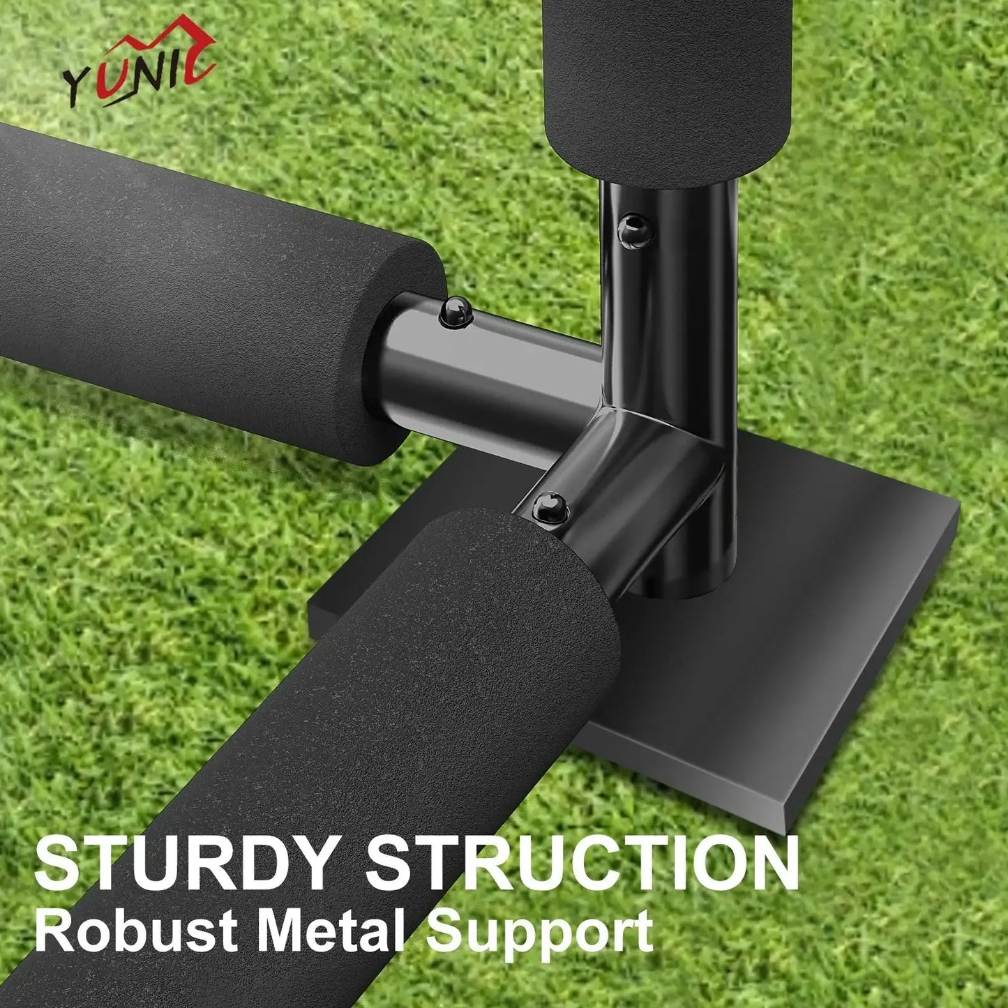 Close-up of sturdy black metal support with foam padding on golf practice cage frame on grass