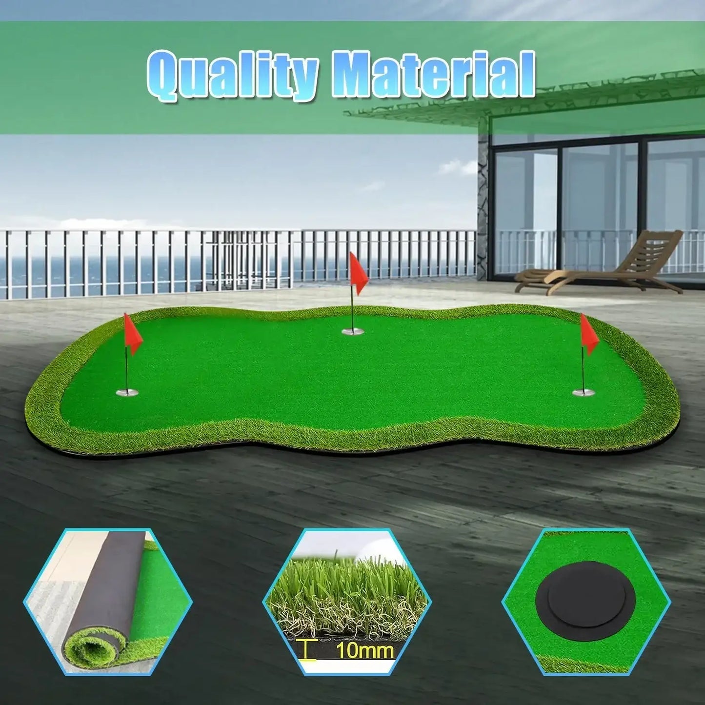 Portable 5ft x 10ft indoor golf putting green with three red flags on balcony