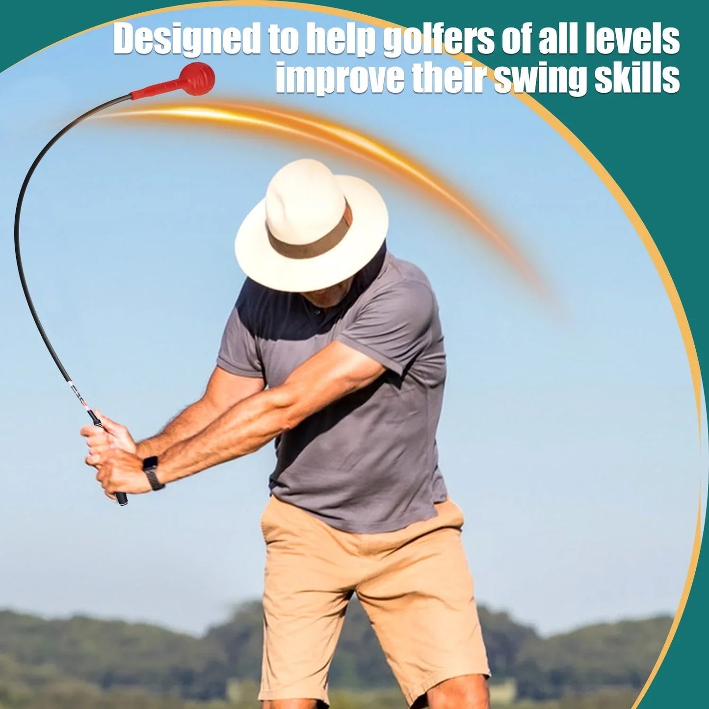 Man in hat using golf swing trainer outdoors to improve swing skills