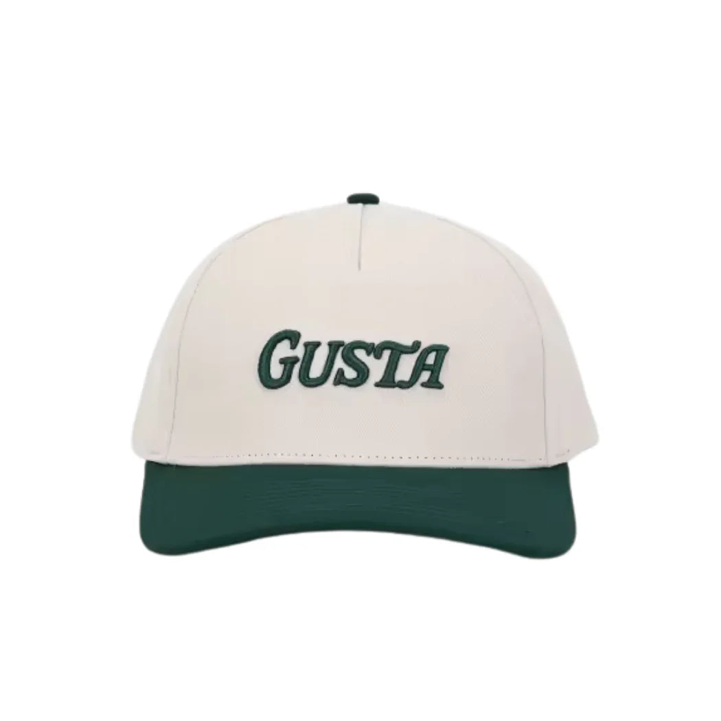 White and green baseball cap with GUSTA logo embroidered on front