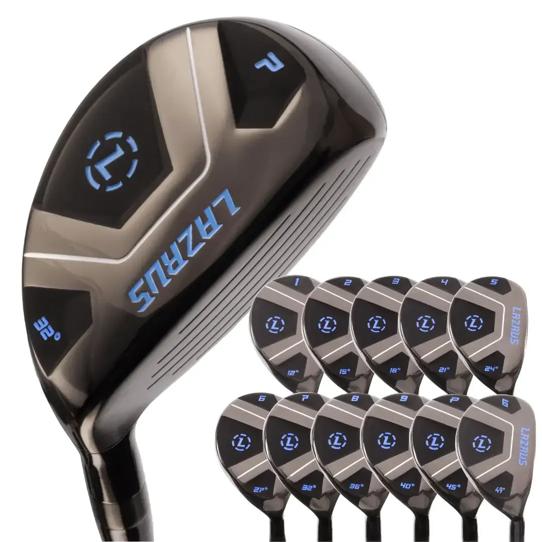 Lazrus golf club set including hybrids and irons with black and blue design