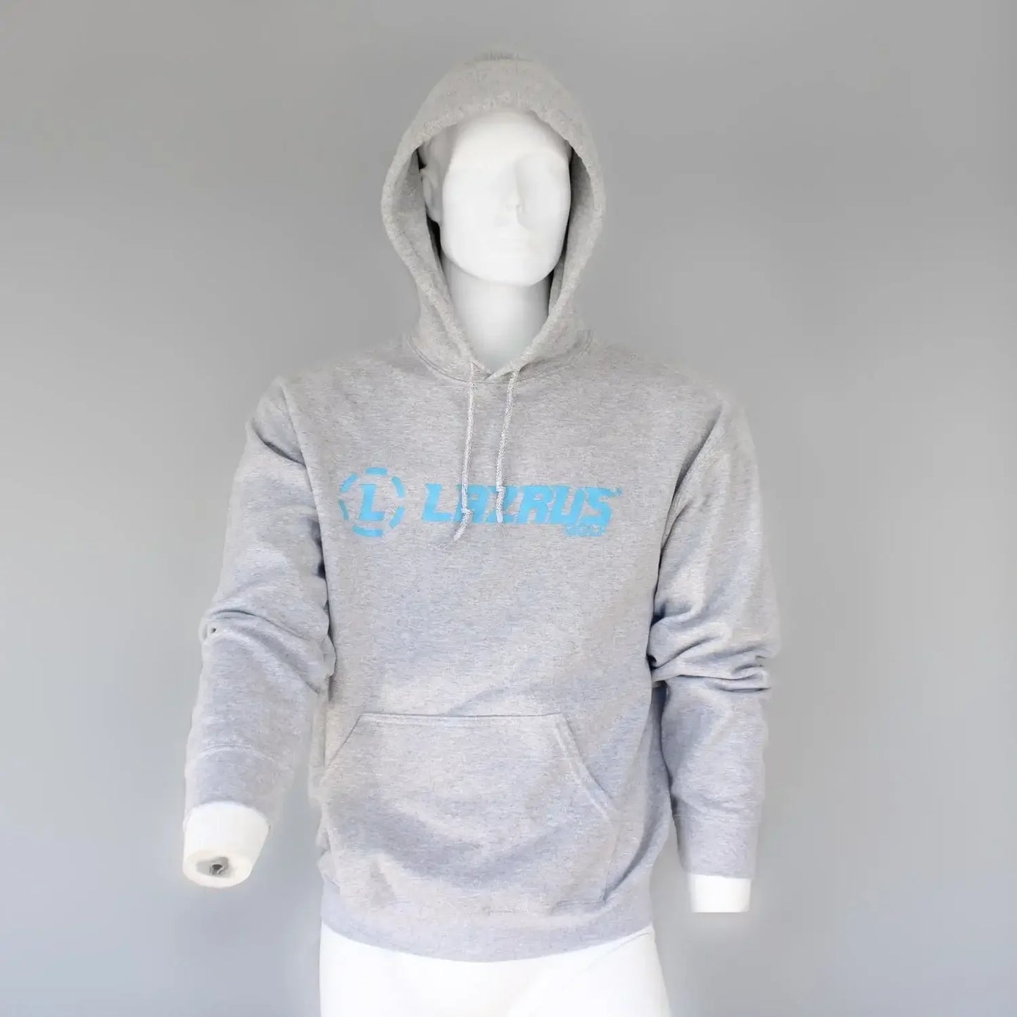 Gray Lazrus Golf hoodie sweatshirt with blue logo on front, displayed on white mannequin