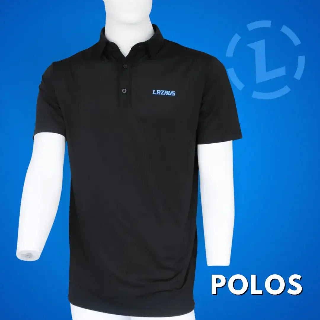 Black Lazrus golf polo shirt on mannequin with blue background and Lazrus logo