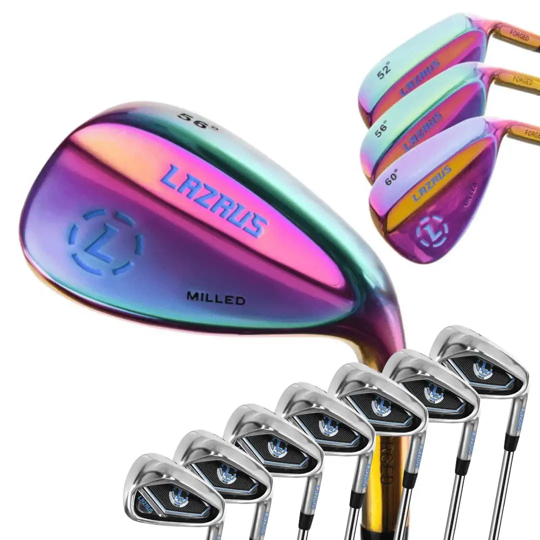 Set of Lazrus golf clubs including colorful forged wedges and sleek steel irons