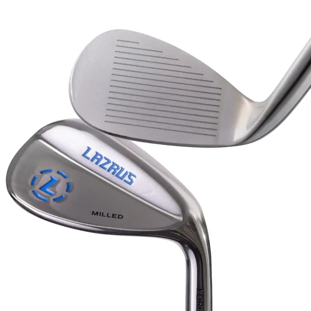 Close-up of Lazrus milled forged golf wedge club with grooved face and blue logo