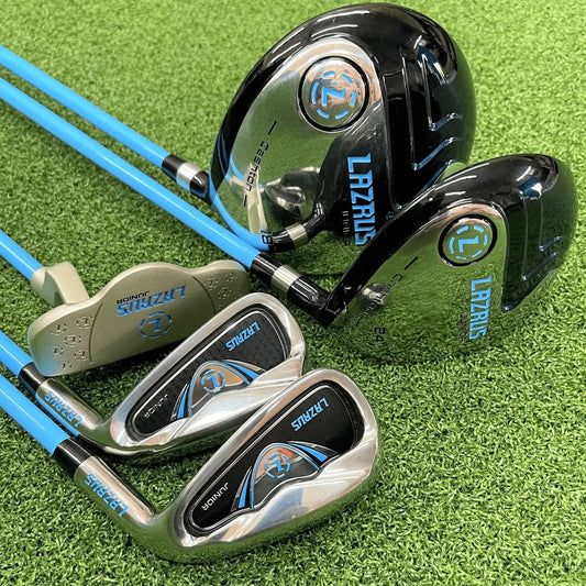 Lazrus junior golf club set with blue shafts on green artificial turf for boys and girls