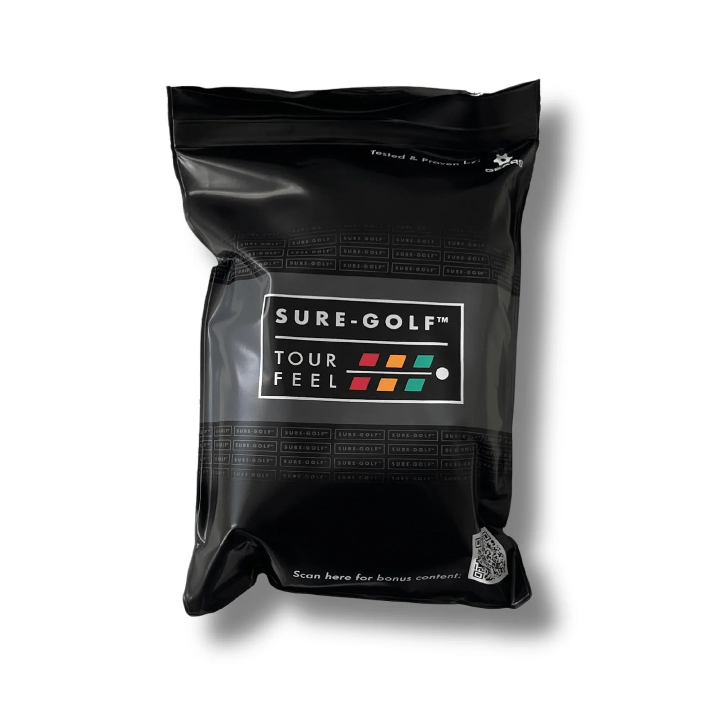 Sure-Golf Tour Feel swing trainer in black resealable bag with colorful logo and QR code