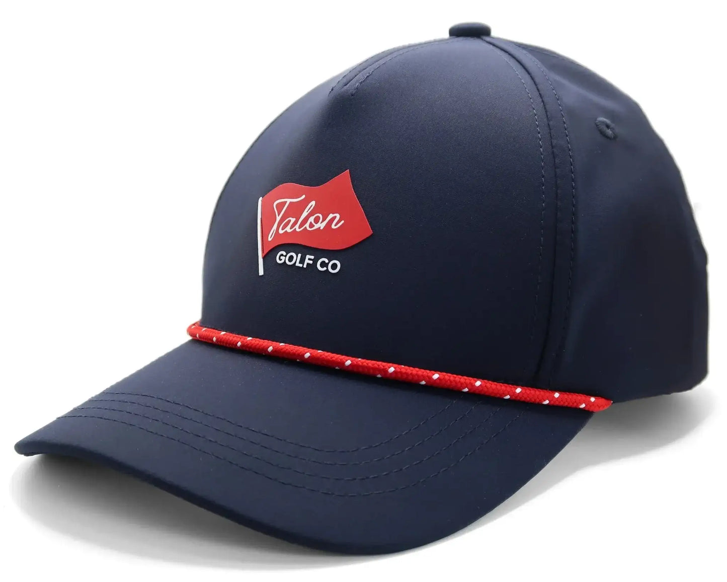 Navy blue baseball hat with red rope and red flag logo reading Talon Golf Co