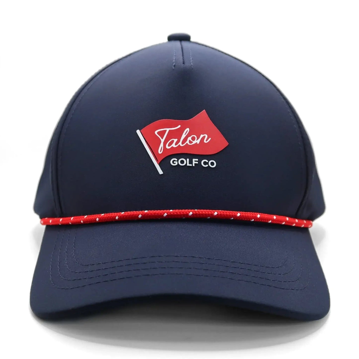 Navy blue golf cap with red rope detail and red flag logo reading Talon Golf Co