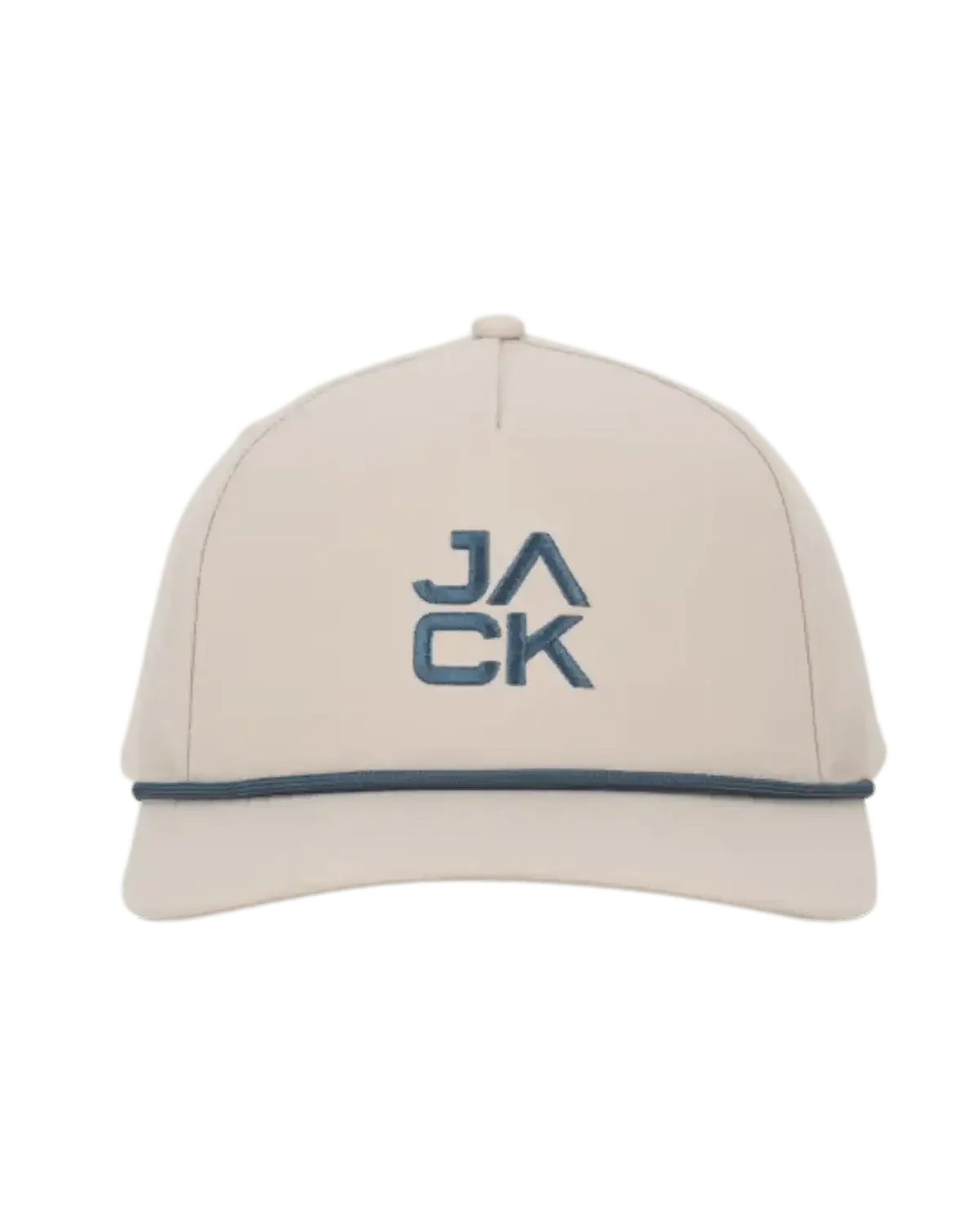 Beige cap with blue embroidered text 'JACK' and blue trim above the brim
