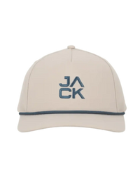 Beige cap with blue embroidered text 'JACK' and blue trim above the brim