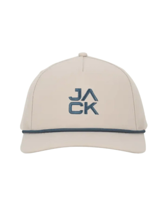 Beige cap with blue embroidered text 'JACK' and blue trim above the brim
