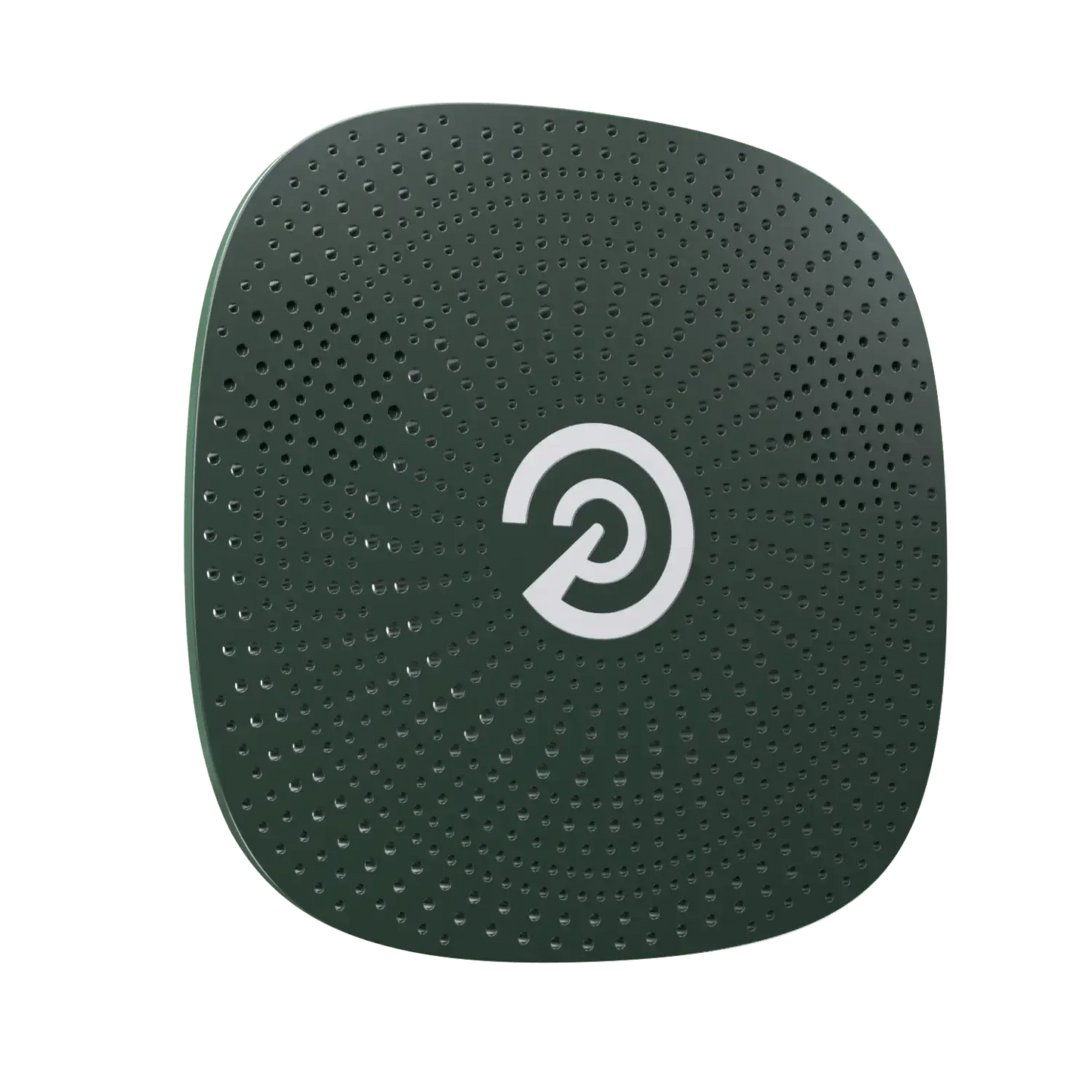 Dark green square smart speaker with circular perforations and white target logo