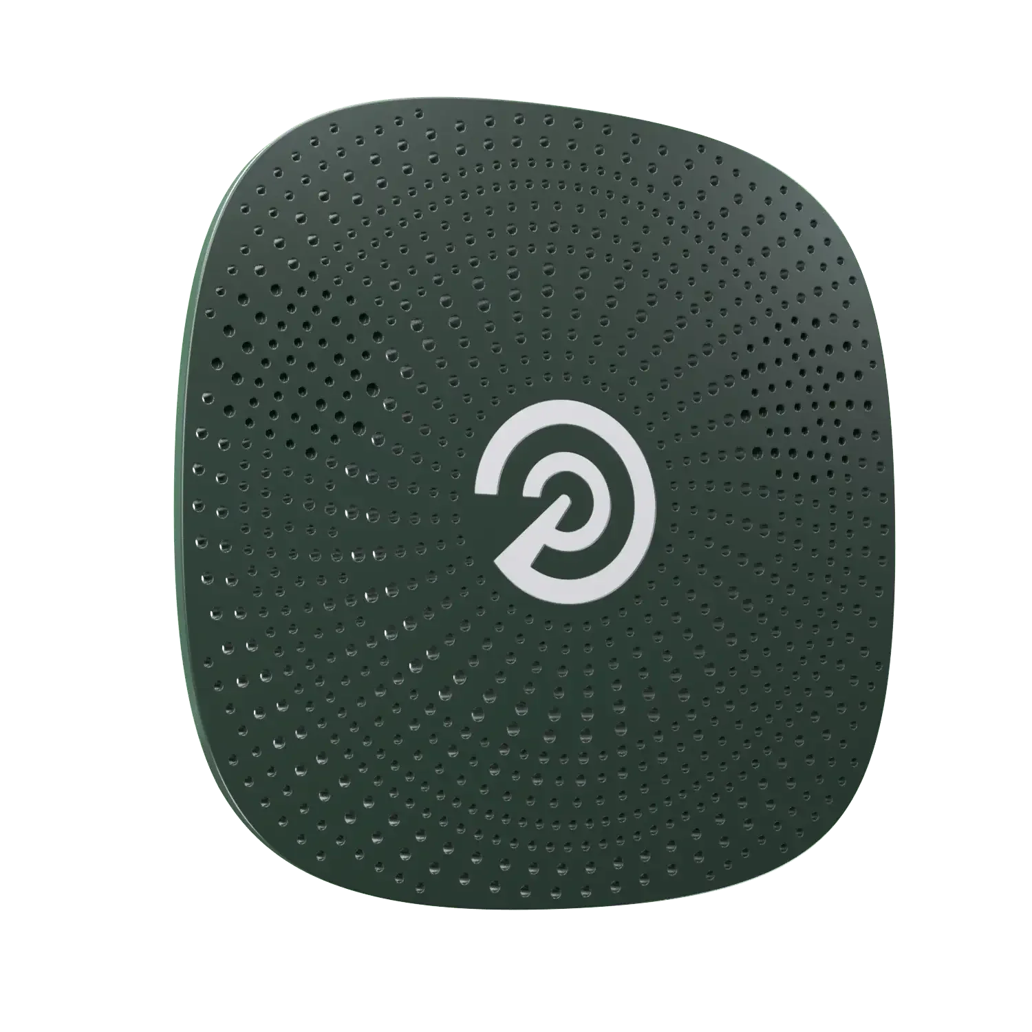 Dark green square smart speaker with circular perforations and white target logo