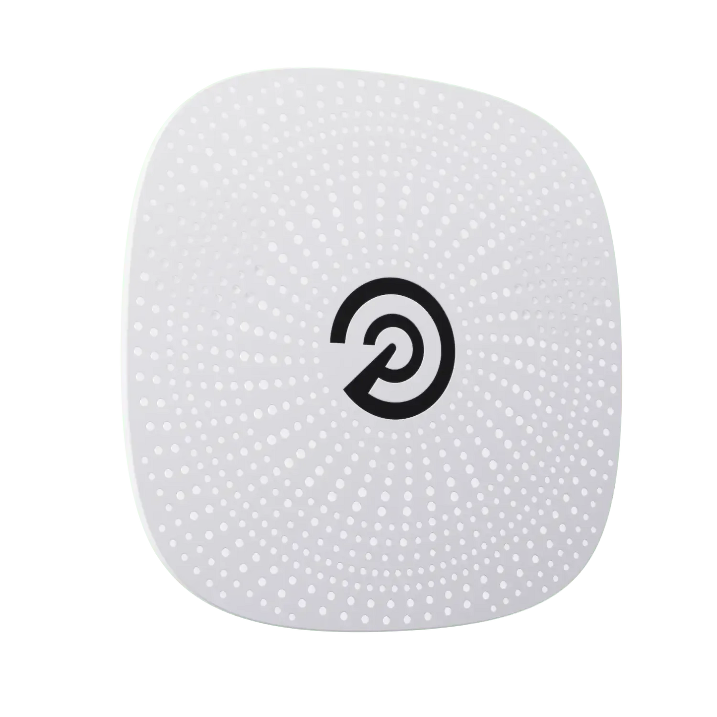 Square white wireless sensor with circular perforated pattern and black target logo in center