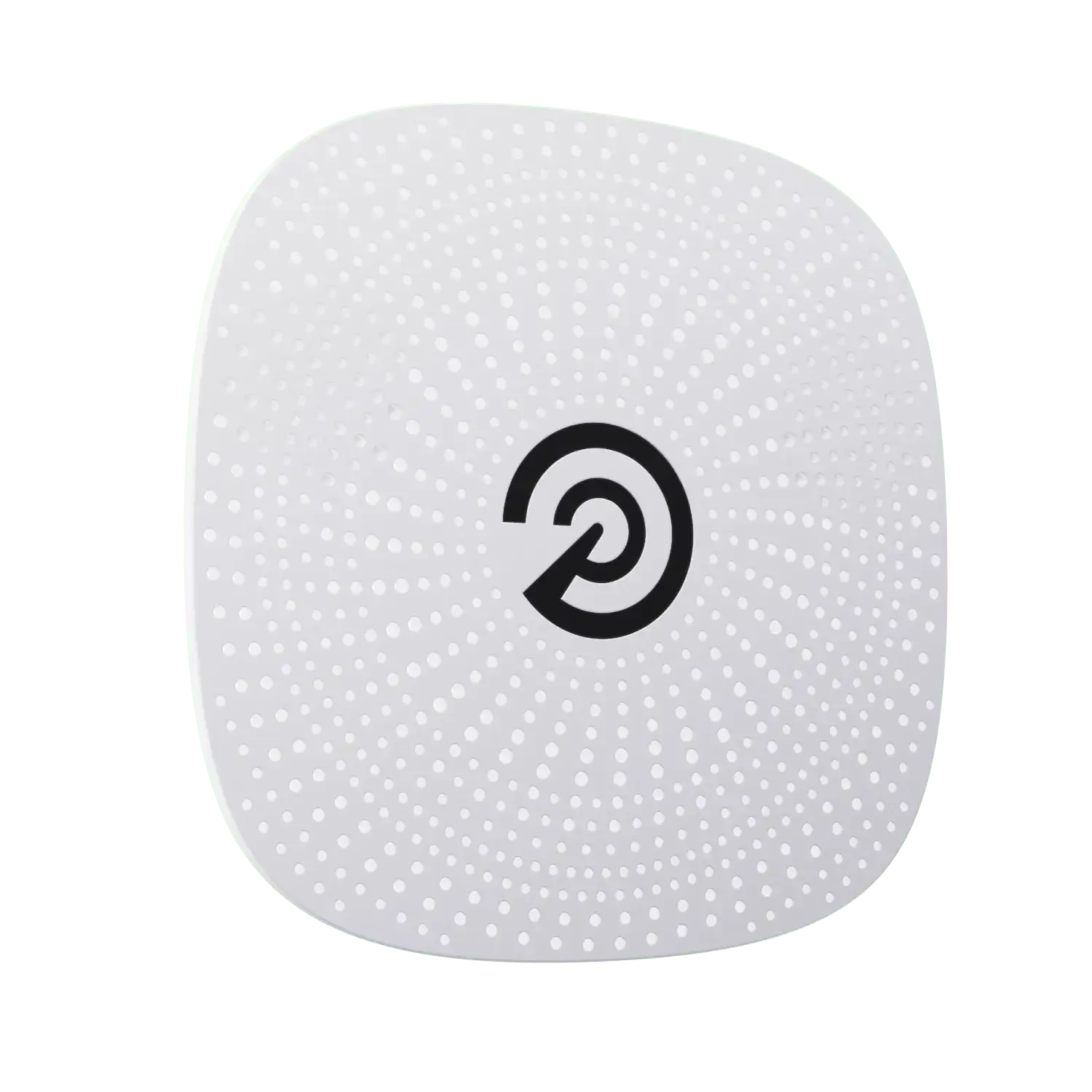 Square white wireless sensor with circular perforated pattern and black target logo in center