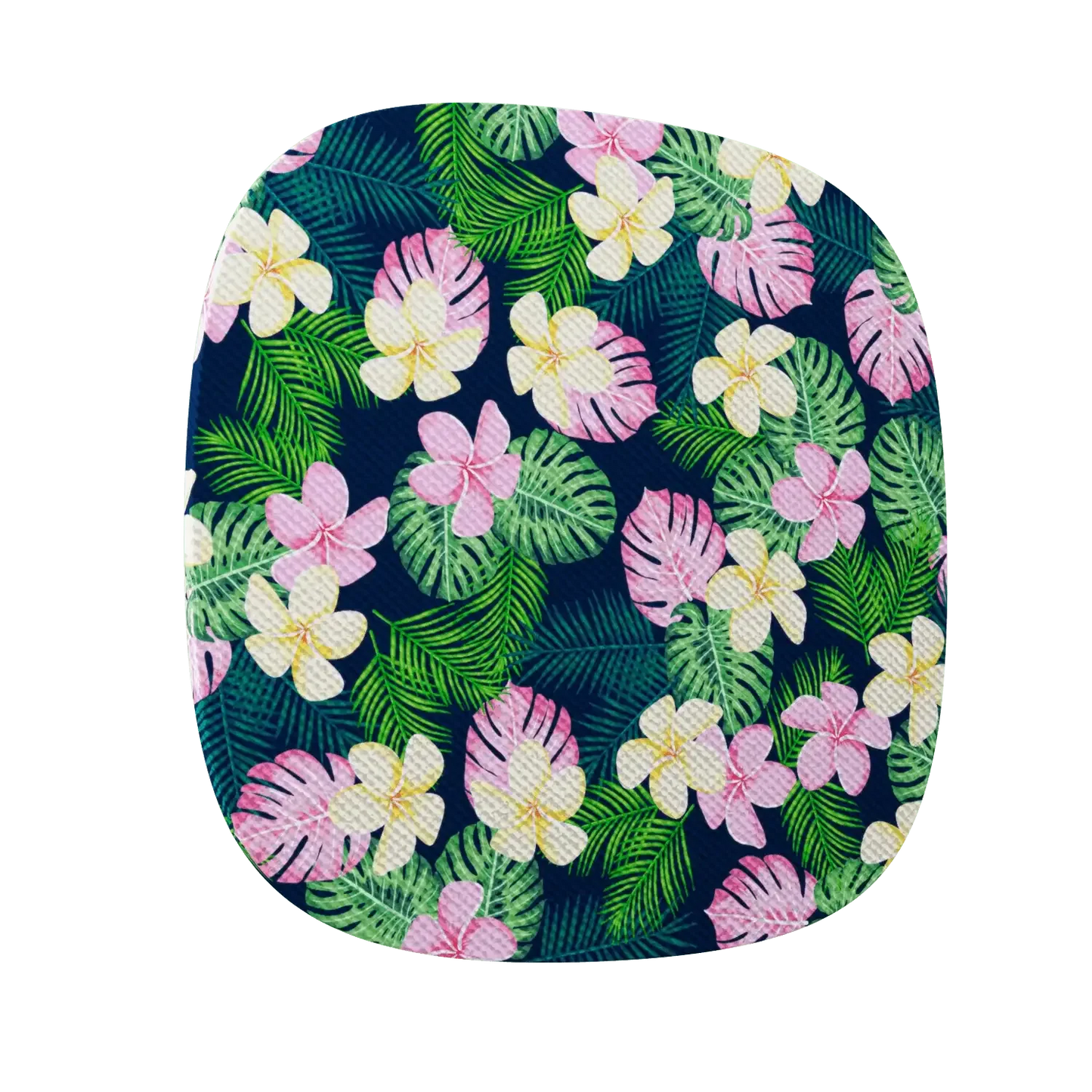 Square plate with vibrant tropical floral pattern of pink and white flowers and green leaves on dark blue