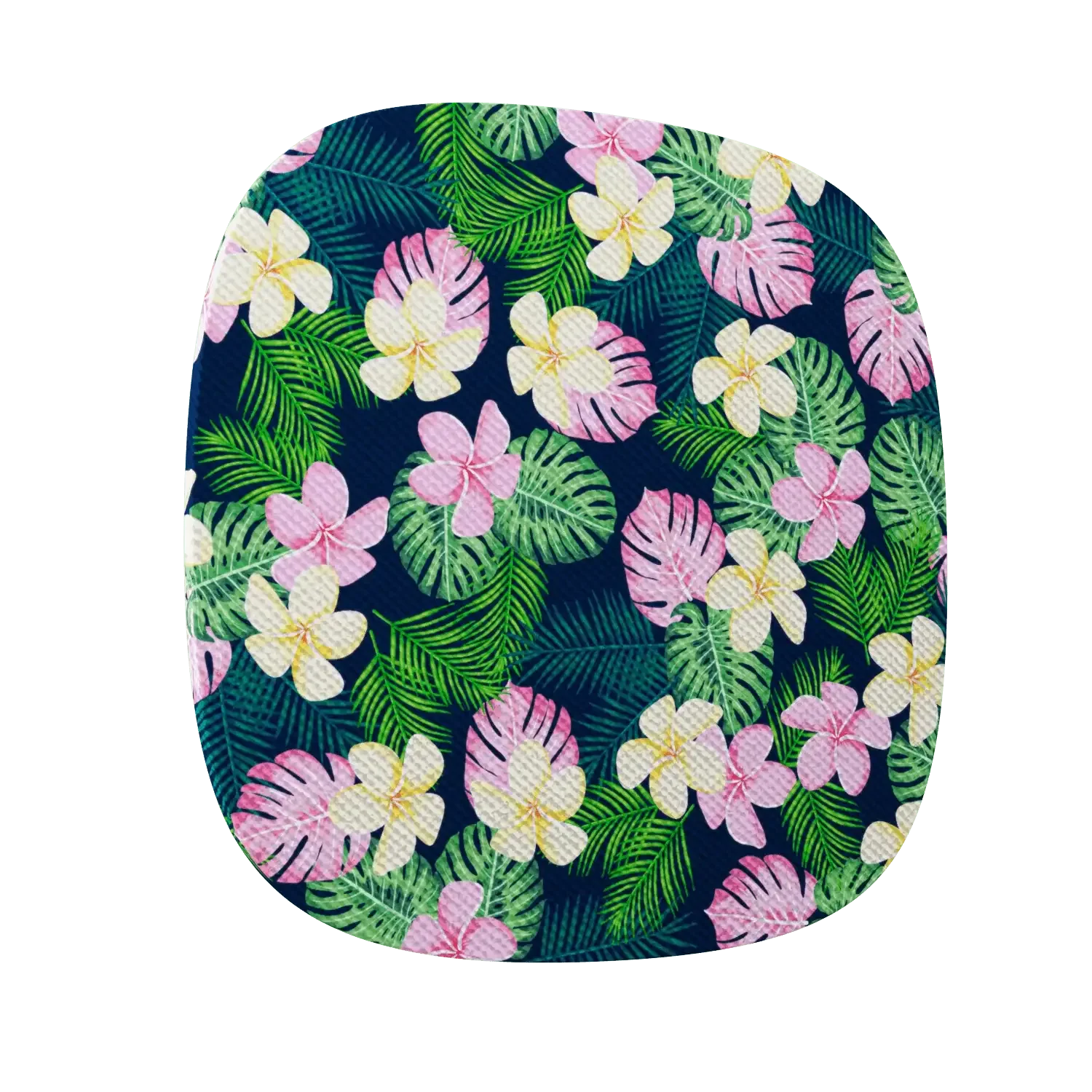 Square plate with vibrant tropical floral pattern of pink and white flowers and green leaves on dark blue