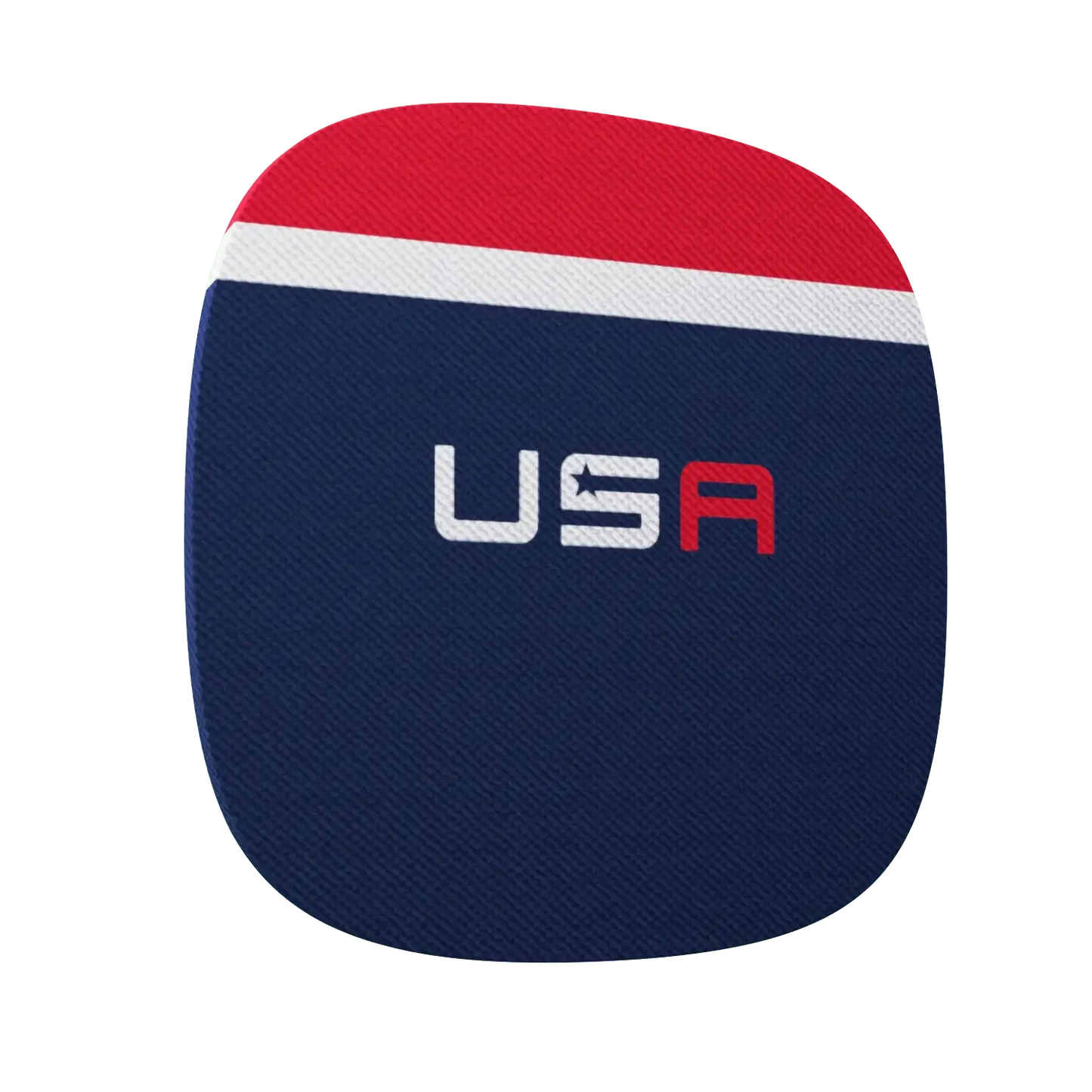 Square cloth patch with red, white, and blue stripes and USA text in red, white, and blue