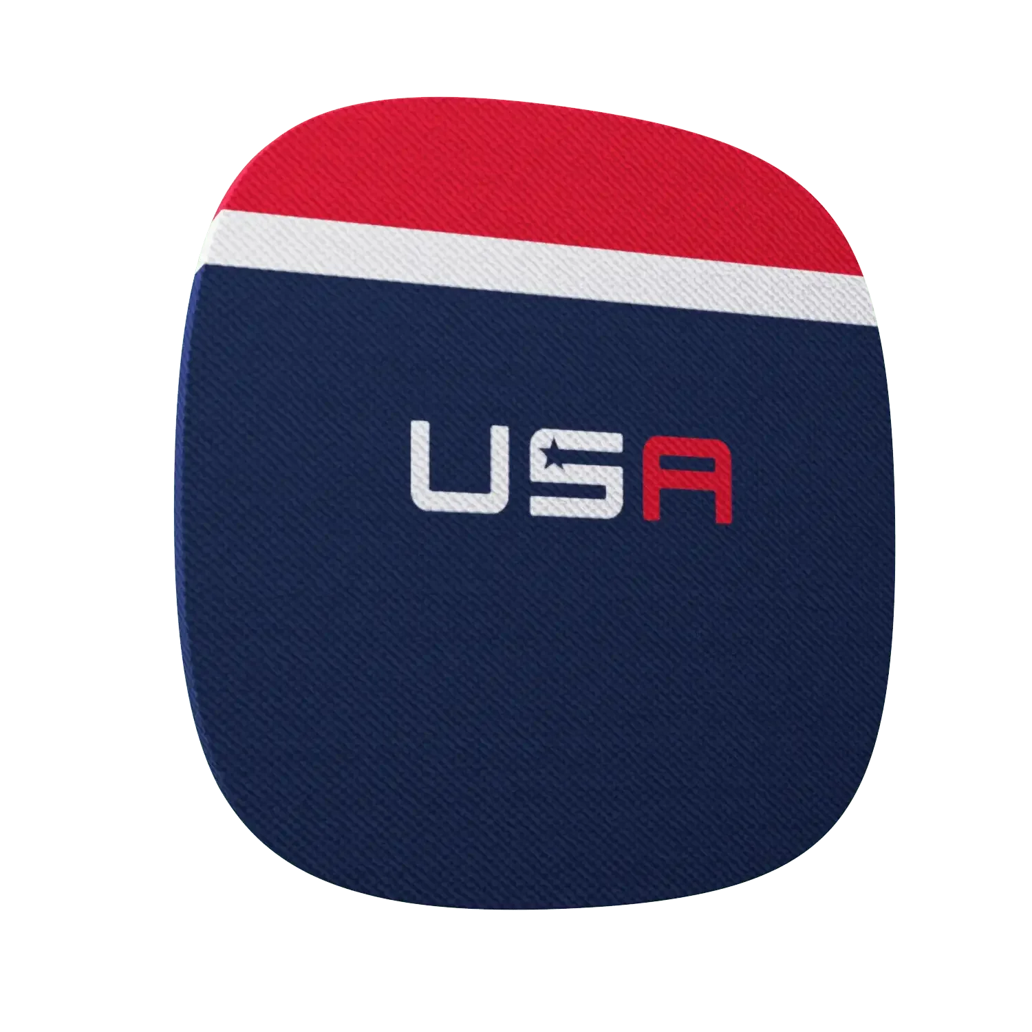 Square cloth patch with red, white, and blue stripes and USA text in red, white, and blue