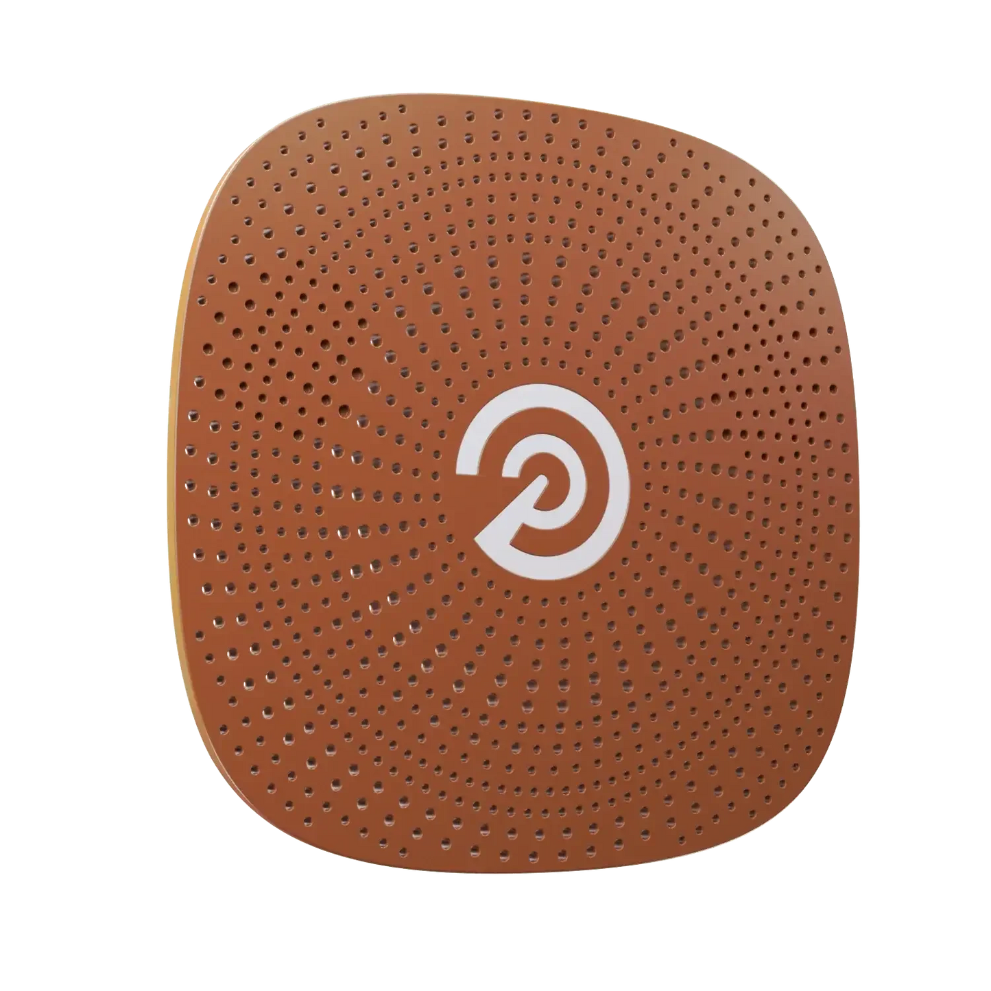 Square brown adhesive patch with concentric circle pattern and white logo in center