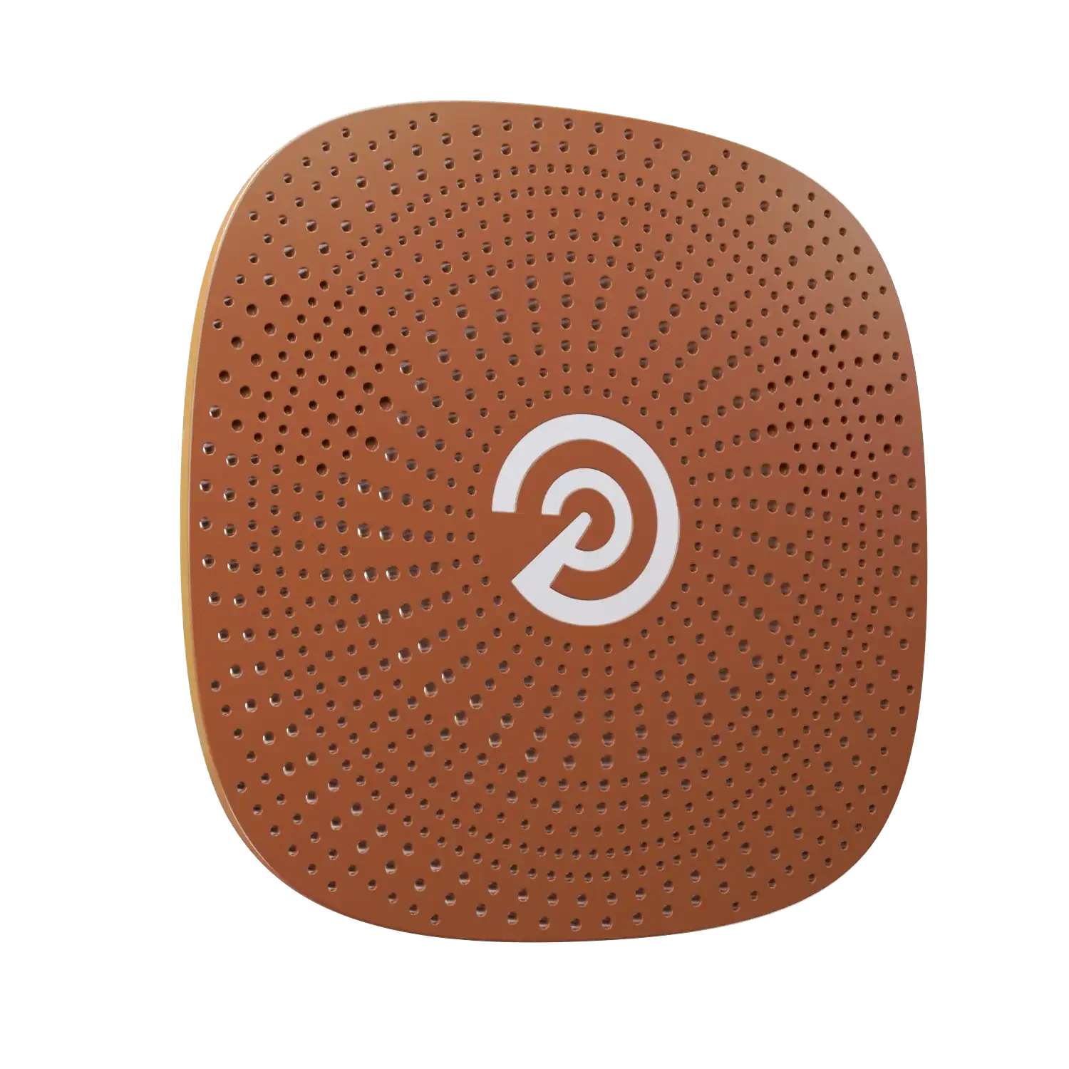 Square brown adhesive patch with concentric circle pattern and white logo in center