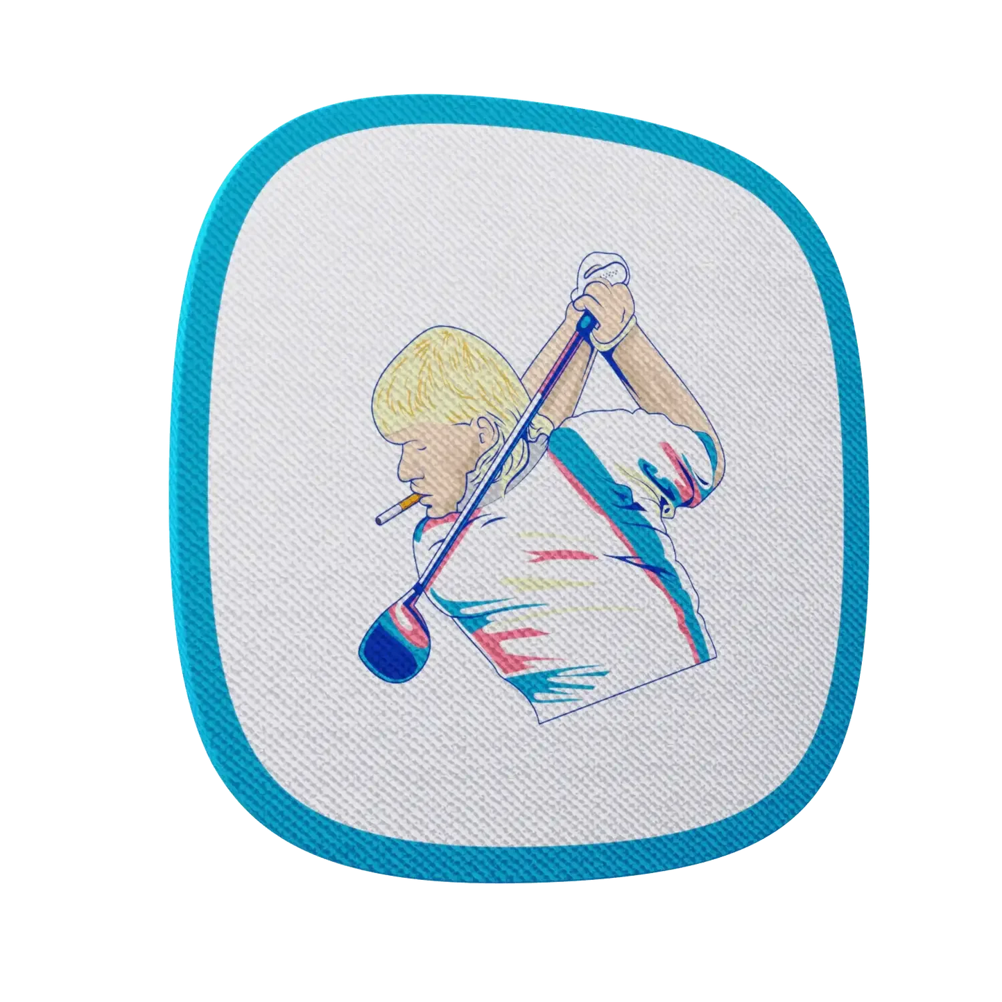 Embroidered patch featuring a golfer with blonde hair swinging a club, cigarette in mouth, teal border