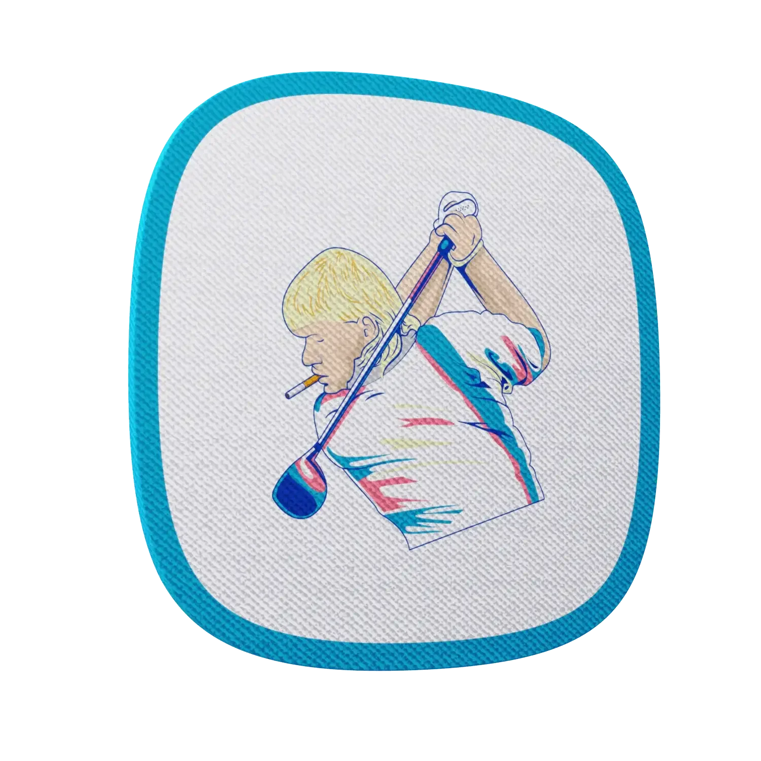 Embroidered patch featuring a golfer with blonde hair swinging a club, cigarette in mouth, teal border