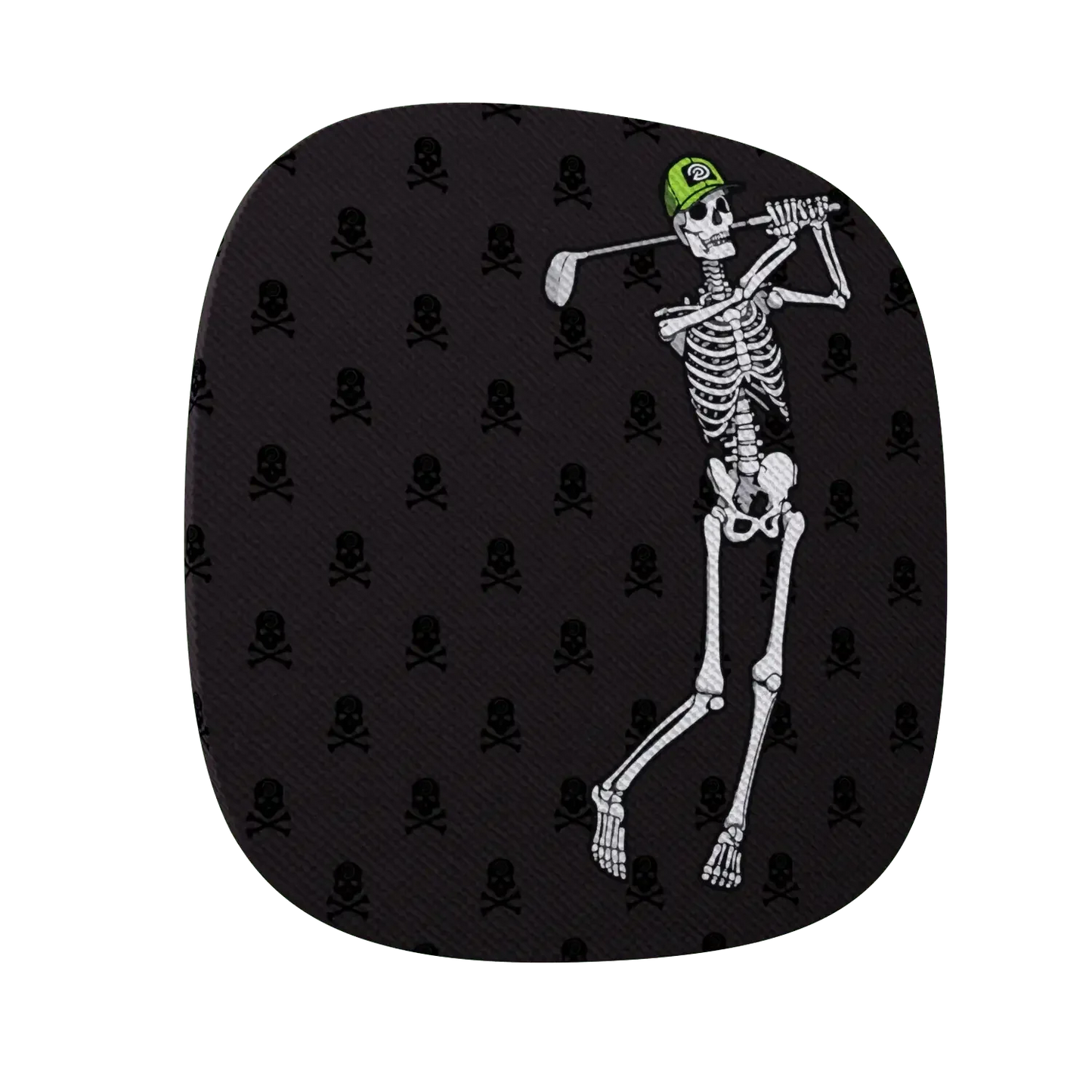 Black fabric patch with golf skeleton wearing green cap swinging club, background skull patterns