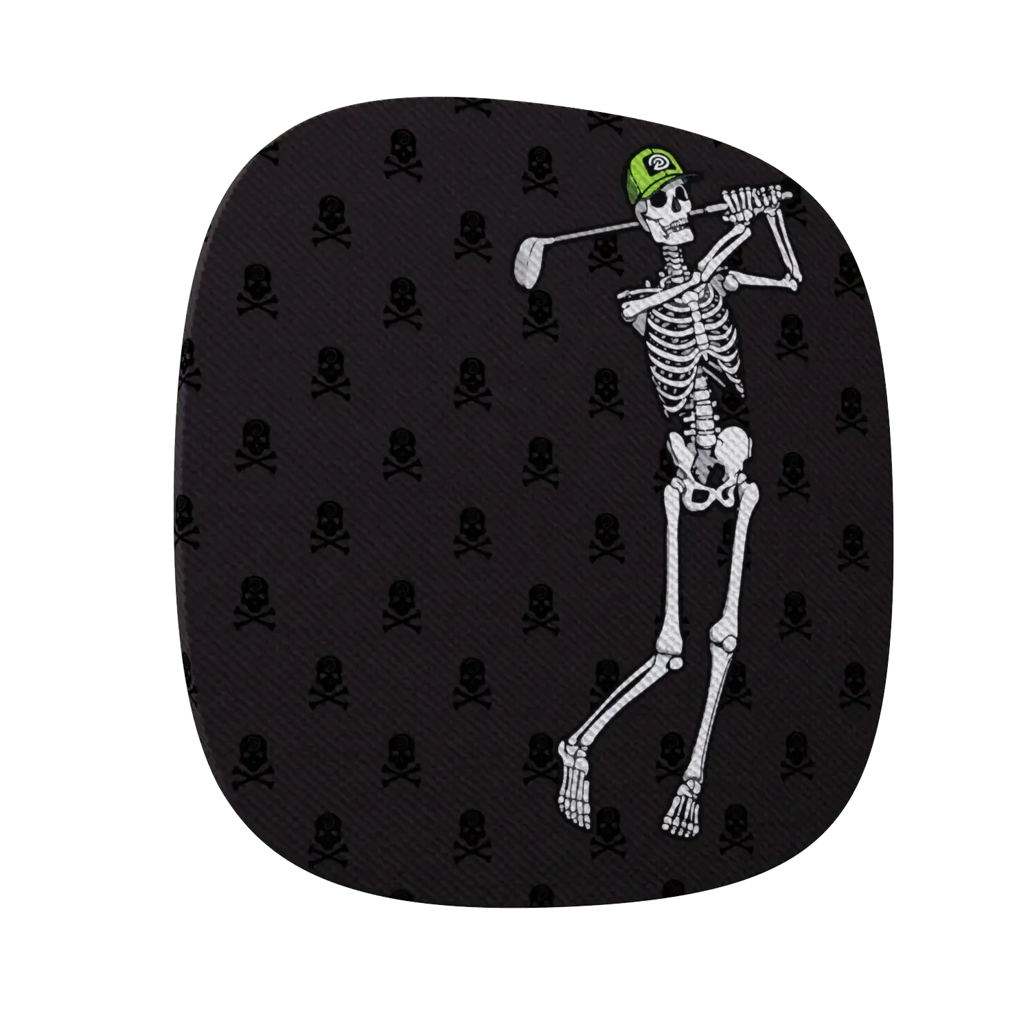 Black fabric patch with golf skeleton wearing green cap swinging club, background skull patterns