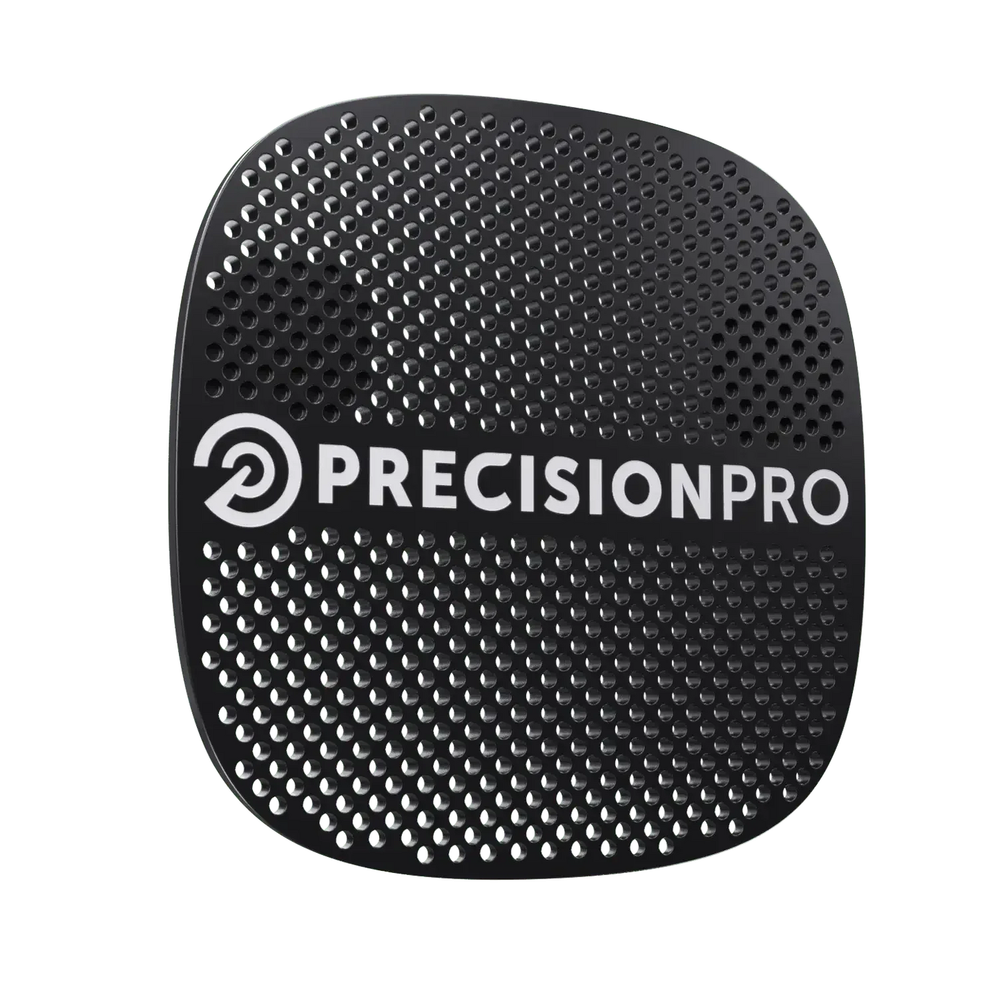 Black perforated metal grill cover with PrecisionPro logo and circular arrow symbol