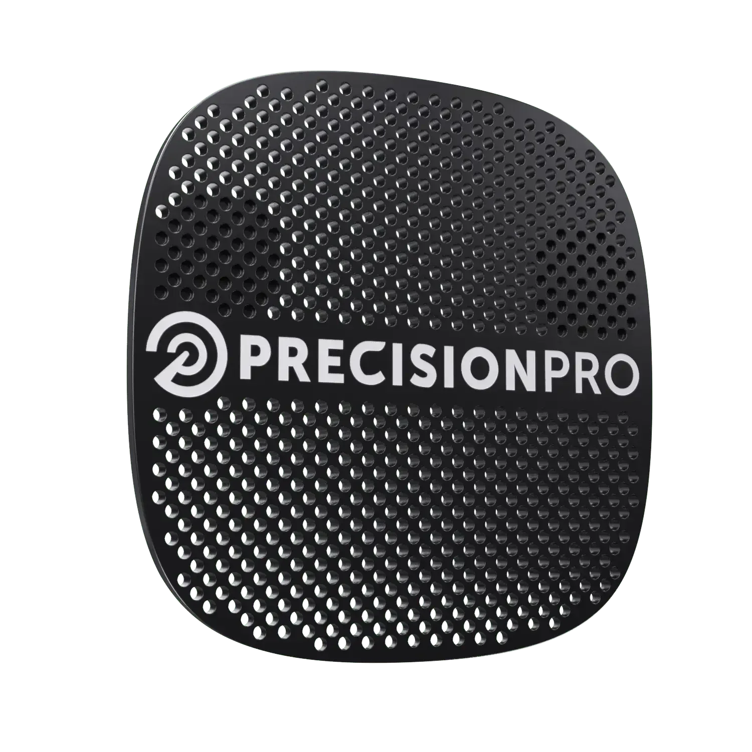 Black perforated metal grill cover with PrecisionPro logo and circular arrow symbol