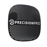 Black perforated metal grill cover with PrecisionPro logo and circular arrow symbol