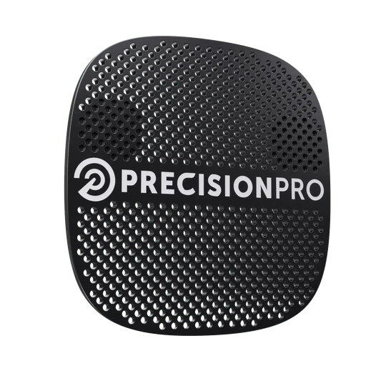 Black perforated metal grill cover with PrecisionPro logo and circular arrow symbol