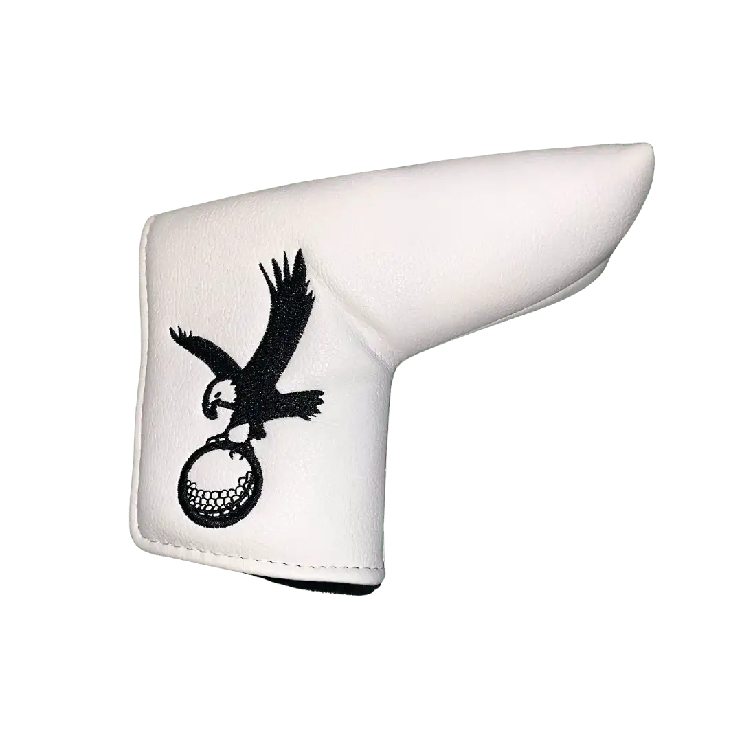 White leather golf putter cover with black embroidered eagle holding golf ball design