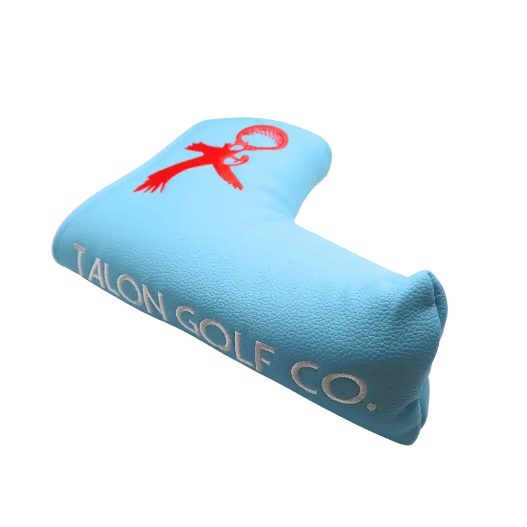 Light blue leather golf putter cover with red eagle logo and white Talon Golf Co. text