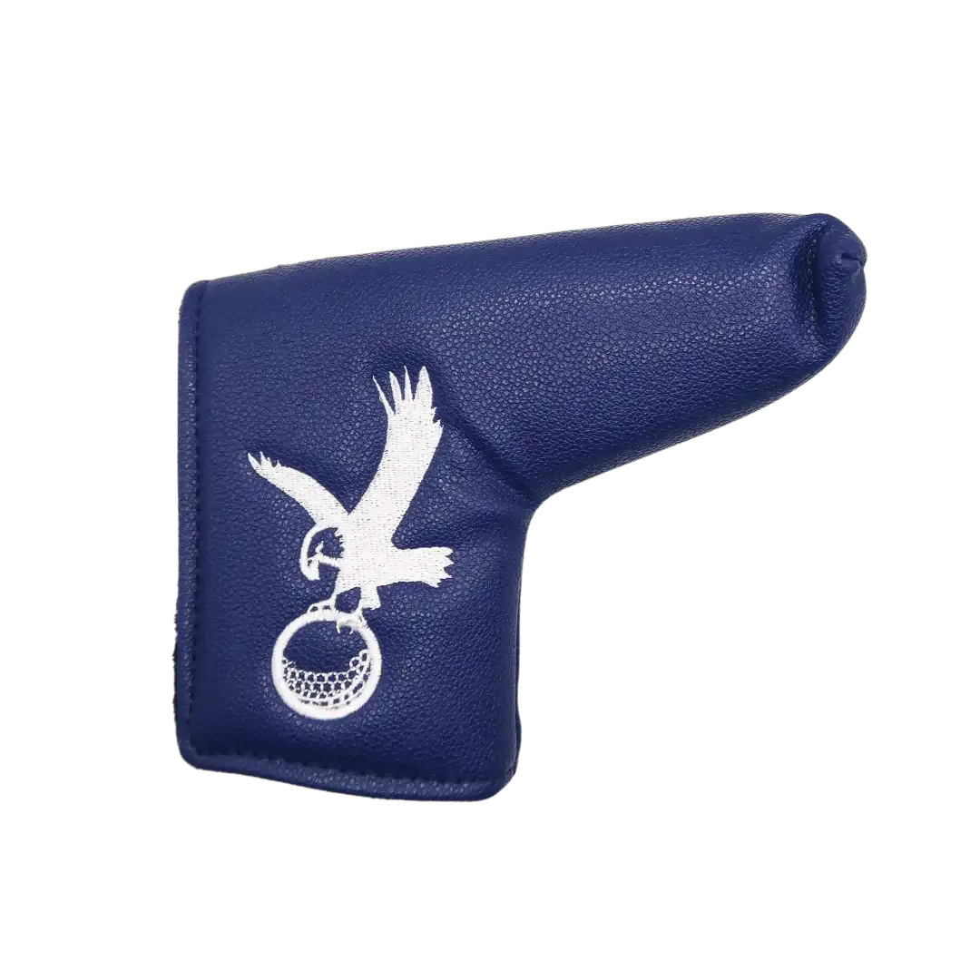 Blue leather golf putter cover with white eagle logo clutching golf ball