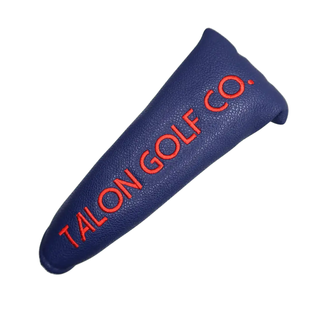 Blue leather golf putter cover with red embroidered Talon Golf Co. logo
