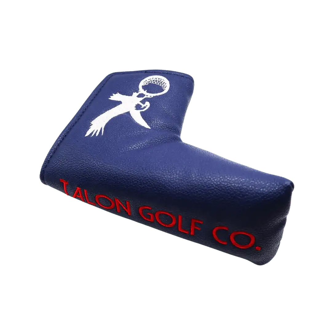 Blue leather golf putter cover with white eagle logo and red Talon Golf Co. text
