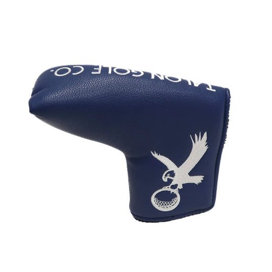 Blue leather golf putter cover with white eagle holding a golf ball logo and TAYLOR GOLF CO. text