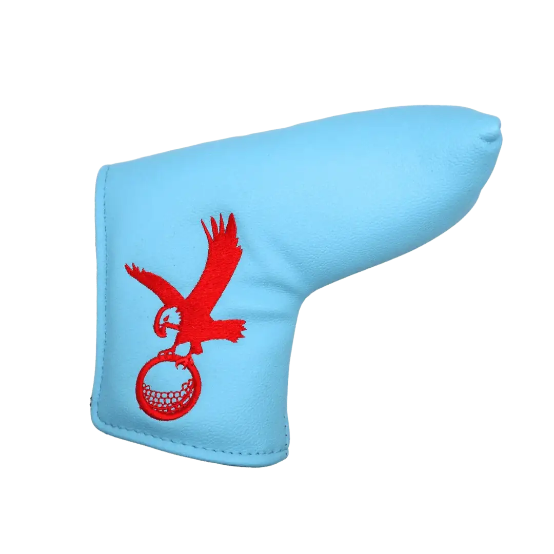 Light blue leather putter cover with red eagle holding golf ball embroidery