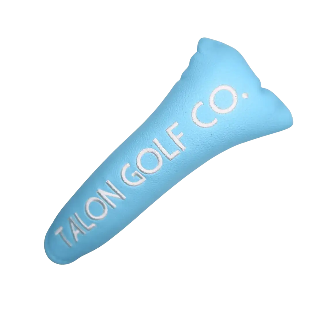 Light blue leather golf putter cover with white embroidered Talon Golf Co. logo