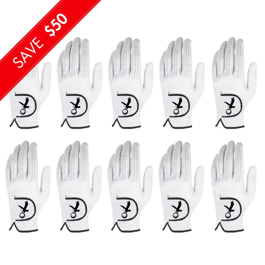 Set of ten white golf gloves with perforations and black eagle logo, discount banner