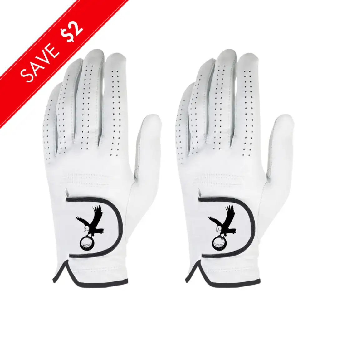 Pair of white golf gloves with black eagle logo and perforations on fingers