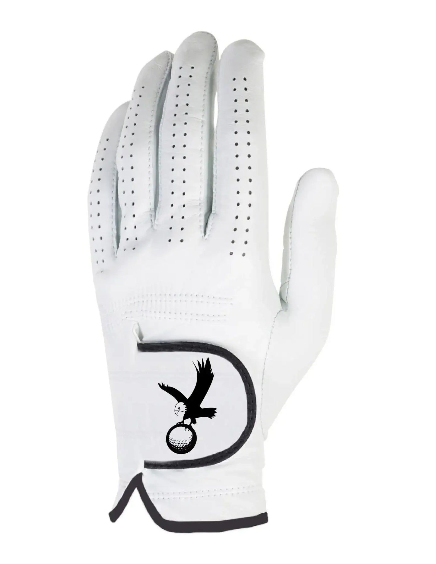 White golf glove with perforations and black eagle holding golf ball logo