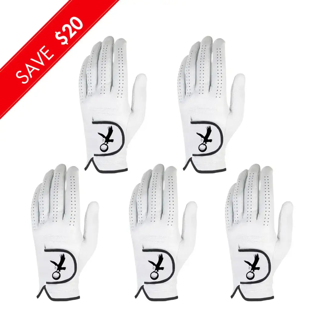 Set of five white golf gloves with black eagle logo, perforated fingers, and black trim, save $20 tag