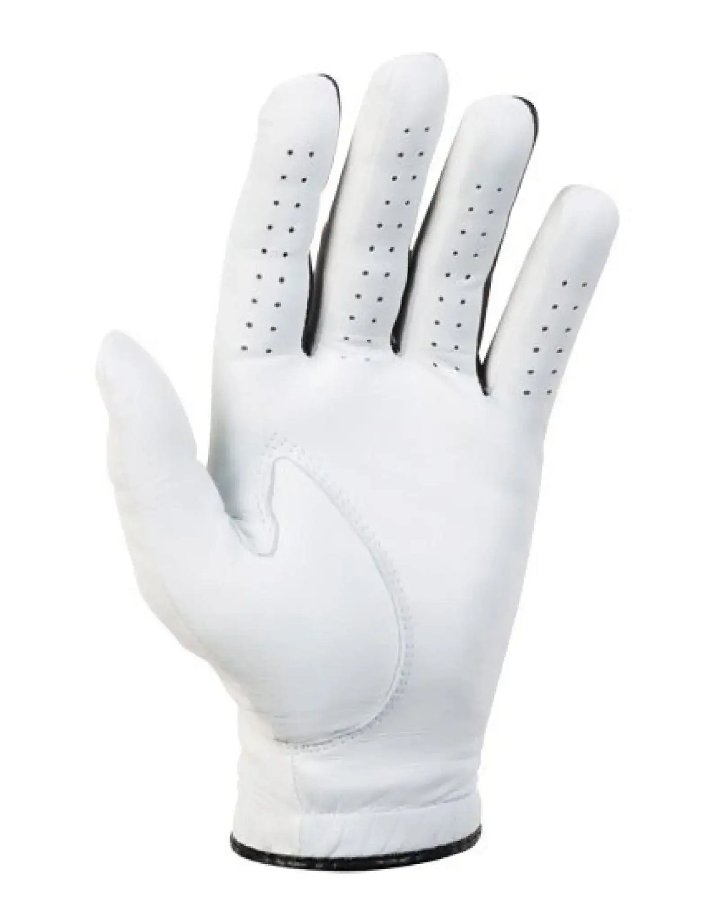 White leather golf glove with ventilation holes on fingers and black trim edge
