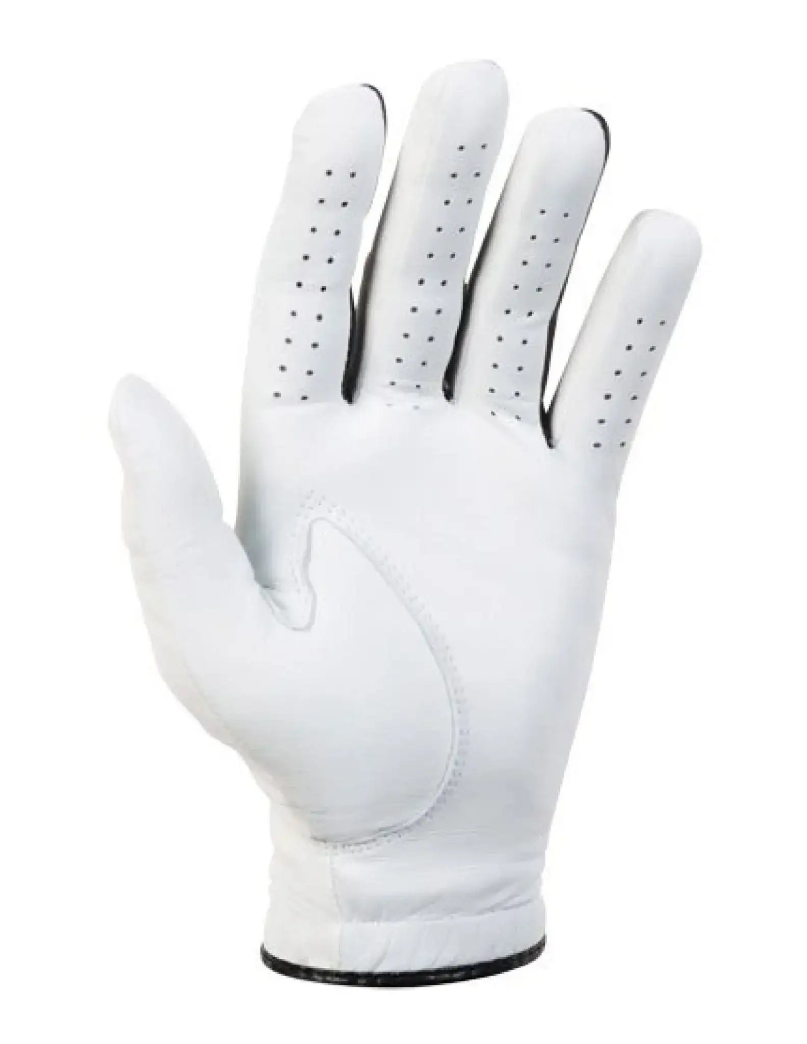 White leather golf glove with ventilation holes on fingers and black trim edge